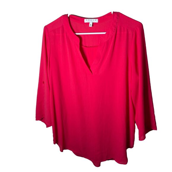 Chaus Tops - Chaus Blouse Women's Medium Pink Neon V-Neck 3/4 Sleeve Lightweight Top